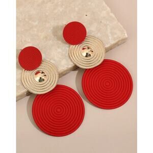 Red & Gold Triple Circle Drop Earrings – Bold Geometric Statement Fashion